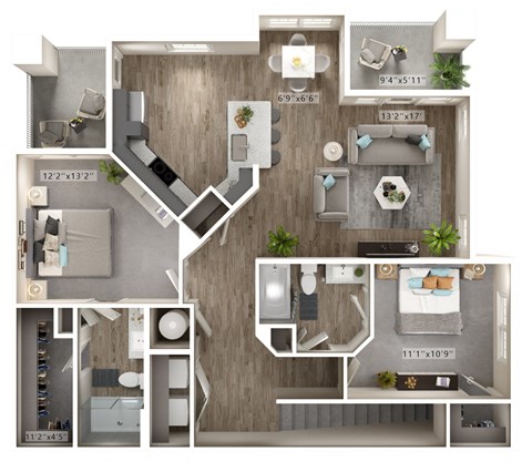 A floor plan of a two-bedroom apartment with dimensions and furniture layout.